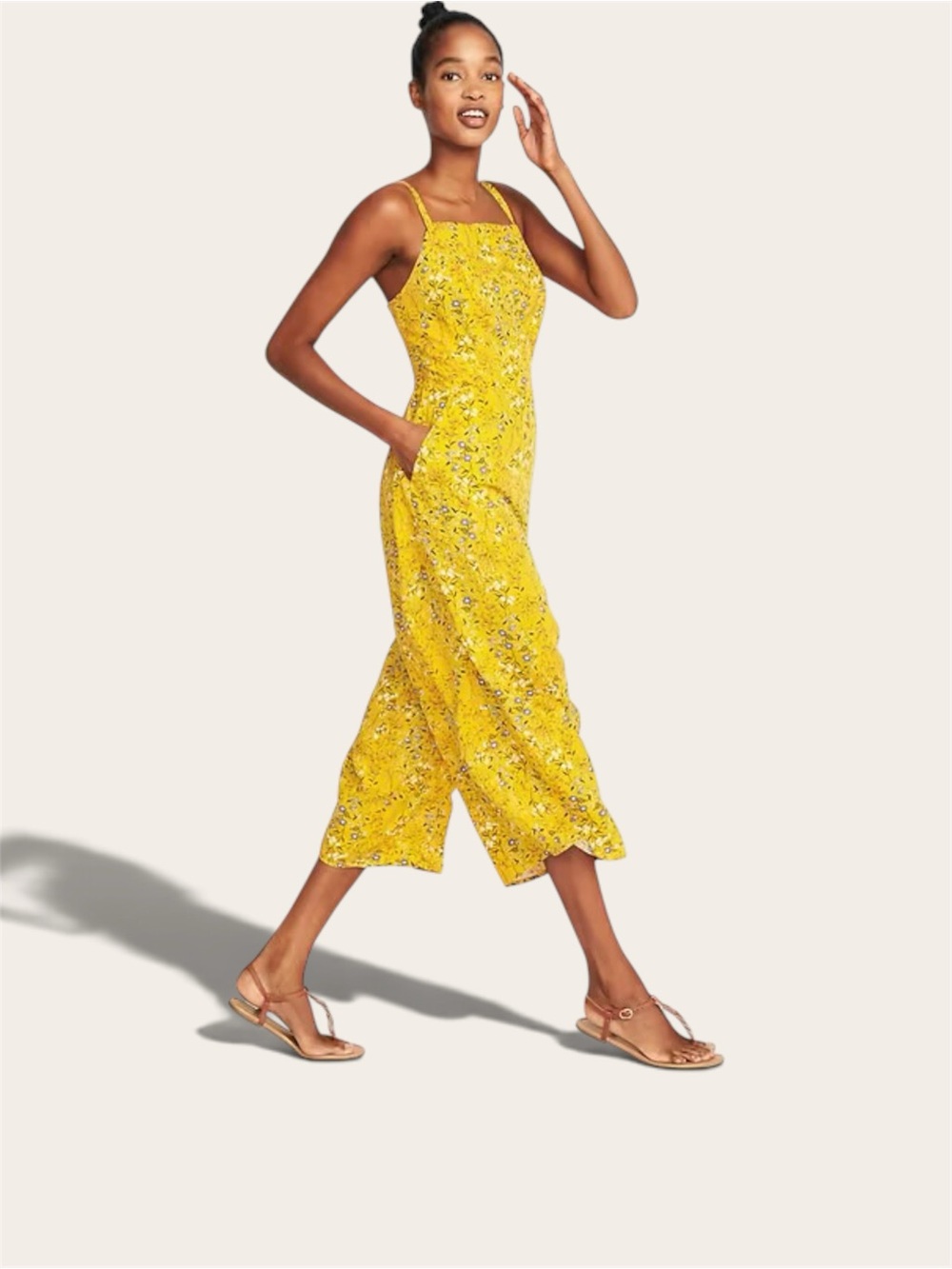 Yellow Floral Square-Neck Jumpsuit